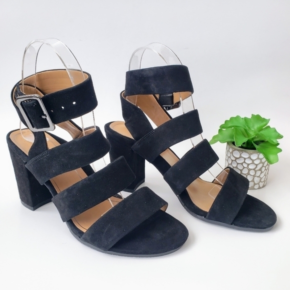 Vionic Black Suede Strappy Stacked Block Heel Blaire Sandals Heels New 6 6.5 - Picture 2 of 15